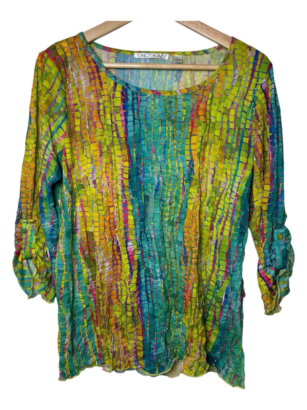 Sno Skins Top Blouse Women's Size Large Eclectic Mosaic Geometric Print Crinkle